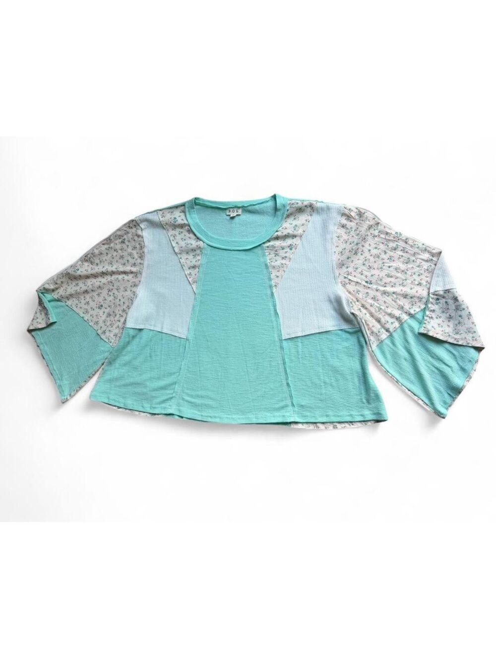 POL Exposed Seam Floral Patchwork Top L Aqua Boho Slub Knit Boutique - Picture 1 of 7